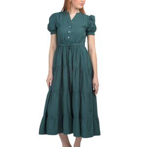 LUNA SKIES Green Tie Front Tiered Shirt Midi Dress